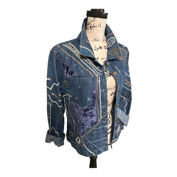 Boho Denim Trucker Jacket Womens XL Embellished Pockets Blue Jean Artsy Festival - Picture 4 of 11